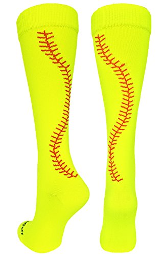 MadSportsStuff Softball Socks with Stitches Over the Calf (Neon Yellow/Red, Small)