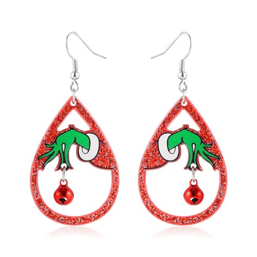 Christmas Earrings for Women Red Green Christmas Jingle Bell Earrings Glitter Teardrop Dangle Earrings Holiday New Year Christmas Jewelry Gift