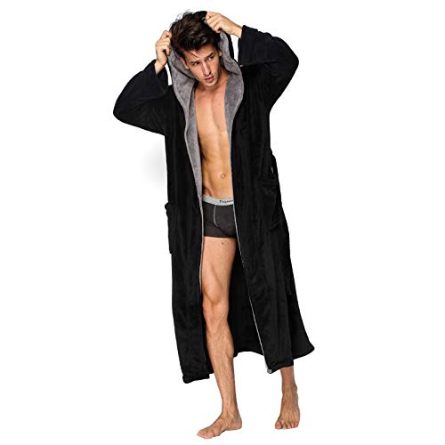 KEMUSI Hooded Herringbone Men's Black Soft Spa Full Lenght Bathrobe With Grey Kimono Shawl Collar(M)