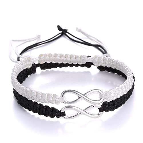 RINHOO 2PC/Set Stainless Steel 8 Infinity Couple Bracelet Braided Leather Rope Bangle Wrist Adjustable Chain Fit 7-9 Inch for Lover Friendship (2pc (Black+White))