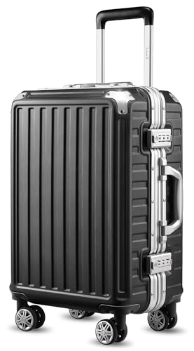LUGGEX Carry On Luggage with Aluminum Frame, 36L Polycarbonate Zipperless Luggage with Wheels, Black Hard Shell Suitcase 4 Metal Corner