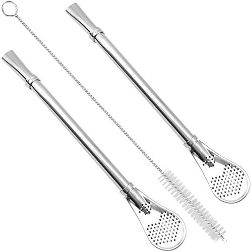 GFDesign Yerba Mate Bombilla Gourd Drinking Filter Straws 304 Food-Grade 18/8 Stainless Steel - Set of 2 with Cleaning Brush - 6.1' Long