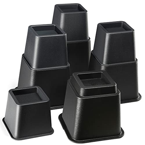 Home It Adjustable Bed Risers - Elevation in 3, 5 or 8 Inch - Heavy Duty Stackable Furniture Risers Supports 1,300 lbs - for Under-Bed Storage, College Dorms, Table and Couch, 4 Pack Bed Lifts Black