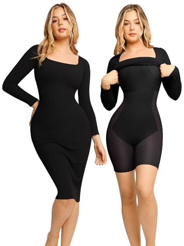 Popilush Shapewear Dress with Built in Shapewear Black Long Sleeve Midi Dresses for Women Women's Classy Dresses