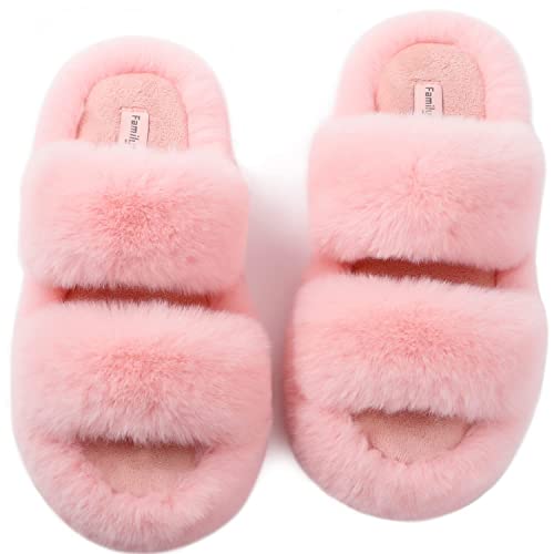 FamilyFairy Women's Fluffy Faux Fur Slippers Comfy Open Toe Two Band Slides with Fleece Lining and Rubber Sole (X-Large / 11-12, Pink)