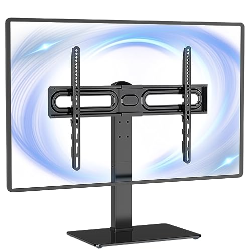 WALI Universal TV Stand, Table Top TV Stand for 37 to 70 inch LCD LED TVs, 9 Level Height Adjustable TV Mount with Tempered Glass Base, Holds up to 88lbs, Max Mounting Holes 600x400mm (TVDVD-5), Black