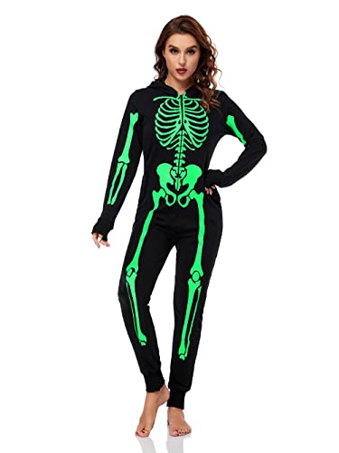 URATOT Women Skeleton Costume Glow in The Dark Halloween Onesie Pajama, X-Large Black