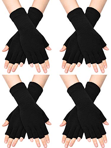 SATINIOR Fingerless Gloves for Women Half Finger Typing Gloves with Long Wrist Cuff Winter Knit Fingerless Mittens for Women (Black, 4 Pairs)