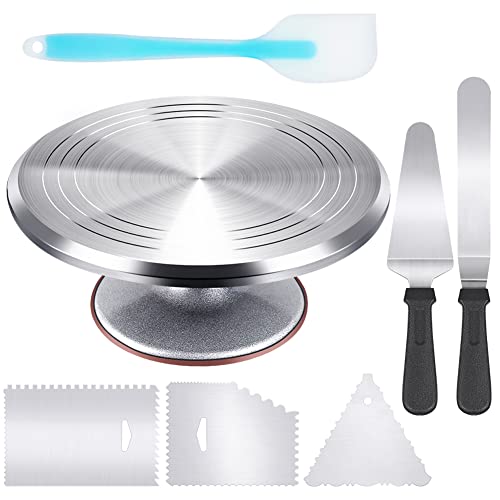 Kootek Aluminium Alloy Revolving Cake Stand 12' Decorating Turntable with 12.7' Angled Frosting, 3 Comb Icing Smoother, Silicone Spatulas Pie Server/Cutter Baking Decorating Tools
