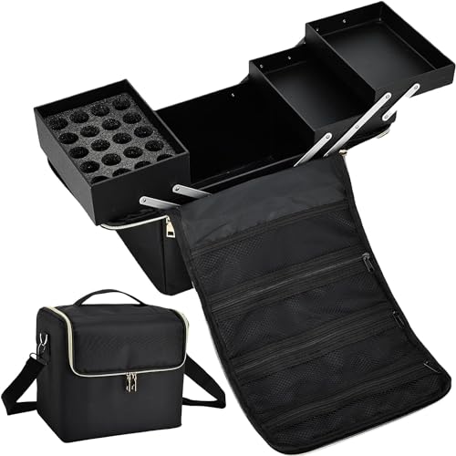 Stagiant Extra Large Makeup Train Case with Nail Polishes Organizers, Soft Sided Makeup Case Organizers and Storage for Nail Tech kits, Cosmetic Train Case Makeup Box Nail Supply Storage