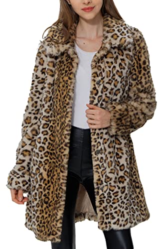 Bellivera Faux Fur Jacket Womens Leopard Coat Long Sleeve Winter Warm Fluffy Parka Overcoat Outwear Tops 18125 Leopard XXL