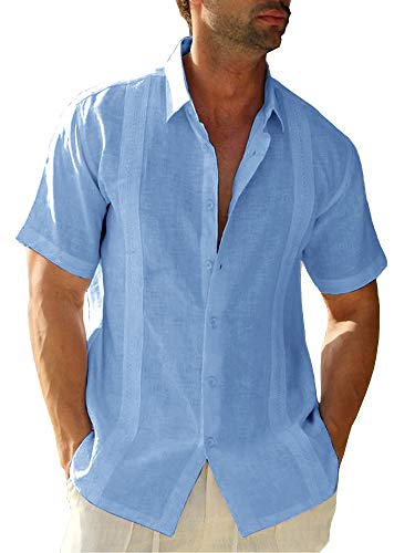 Ryannology Mens Guayabera Shirts Linen Short Sleeve Button Down Casual Beach Cuban Camp Mexican Shirt for Men