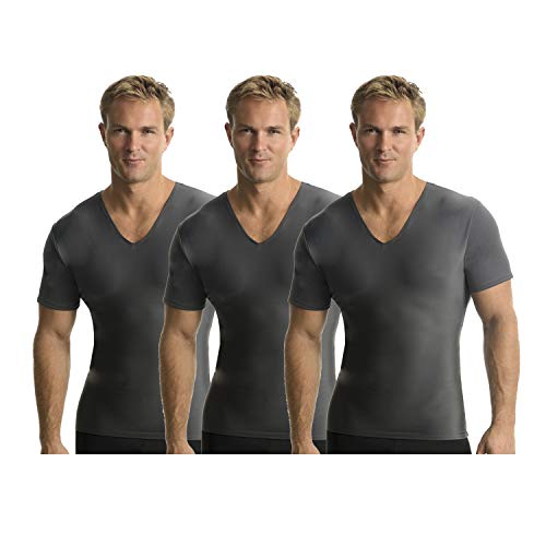 Insta Slim - Made in USA - 3 Pack - Men’s Slimming Compression Fitted Body Shaper Short Sleeve V-Neck T-Shirt for Instant 5 Inch Slimmer Look, Undershirt & Back Support (Gunmetal-MD)