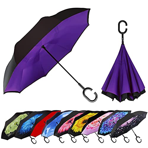 MRTLLOA 49/56 Inch Large Windproof Inverted Reverse Umbrella with UV Protection, C-Shaped Handle, Double Layer, Stick Rain Umbrella for Men and Women (Purple, 49 Inch)