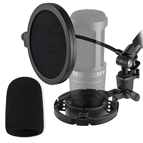 AT2020 Shock Mount with Pop Filter and Foam Windscreen, Noise Reduction Microphone Shock Mount Mic Holder for Audio Technica AT2020 Mic