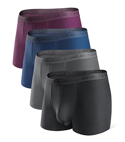 DAVID ARCHY Men's Underwear Micro Modal Dual Pouch Trunks Support Ball Pouch Bulge Enhancing Boxer Briefs for Men 3 or 4 Pack(M,Black/Dark Gray/Navy Blue/Wine)
