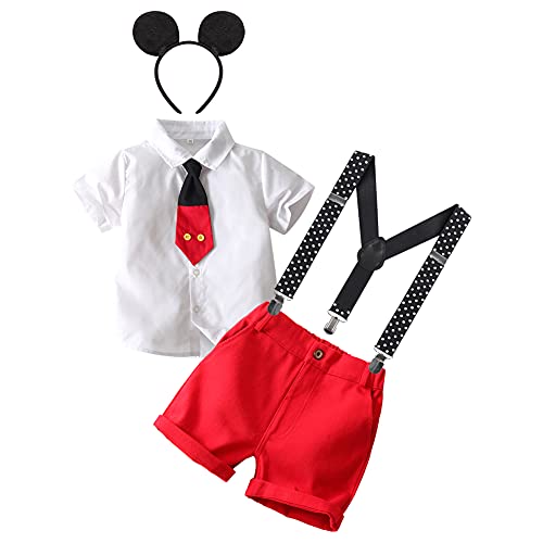 Gentleman Mouse 2nd 3rd Birthday Cake Smash Photo Props Outfit for Baby Boys Toddler Shirt Top Necktie Suspenders Shorts Pants Halloween Cosplay Costume Mouse Theme Birthday Party Supply White 2-3T