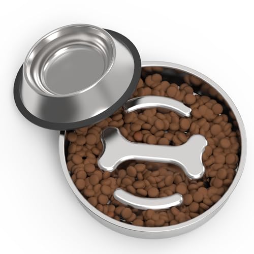 Slow Feeder Dog Bowls Kit Stainless Steel Non-Slip Dog Food Bowl for Small Medium Large Breeds 2~4 Cups Dog Slow Feeder Bowl for Fast Eaters Slows Down Eating Dog Food Bowl&Dog Water Bowls 2Packs