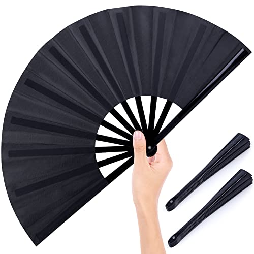 JOHOUSE 3PCS Large Folding Hand Fans, Black Foldable Fabric Fans Handheld Folding Fans 13 inch Long for Japanese Chinese Kung Fu Performance Party Dance Craft Gift