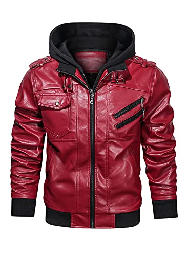 HOOD CREW Men’s Casual Stand Collar PU Faux Leather Zip-Up Motorcycle Bomber Jacket With a Removable Hood Red M