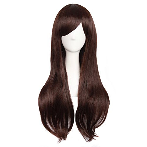 MapofBeauty 28'/70cm Women Side Bangs Long Curly Hair Cosplay Wig(Dark Brown)