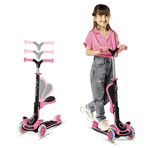 Kids Scooter – Foldable Seat – LED Wheel Lights Illuminate When Rolling – Children and Toddler 3 Wheel Kick Scooter – Adjustable Handlebar – Indoor and Outdoor- Pink - by Lifemaster