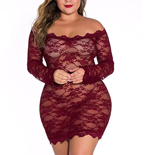 Plus Size Lingerie Set for Women Strapless Floral Lace Babydoll Chemise Thong Sleepwear Thigh High Scalloped Trim Nightgown Nighties G-String Bodycon Nightwear womans women women C85-Wine