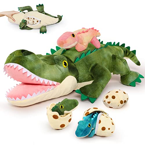 MorisMos Plush Alligator Stuffed Animal with Babies Inside Belly, 23.6'' Mommy Stuffed Crocodile with 3 Baby Crocodile Stuffed Animals & 3 Crocodile Eggs, Stuffed Alligator Toys for Kid Birthday Gift