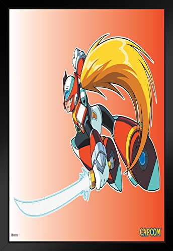 Mega Man Zero Jump Video Game Video Gamer Classic Retro Vintage 90s Gaming MegaMan Capcom Legacy Collection Megaman 11 Mega Man X Dr Wily Black Wood Framed Art Poster 14x20
