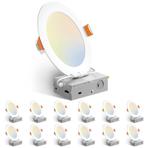 Amico 12 Pack 6 Inch 5CCT Ultra-Thin LED Recessed Ceiling Light with Junction Box, 1050LM Brightness, Dimmable Canless Wafer Downlight, 12W, ETL&FCC