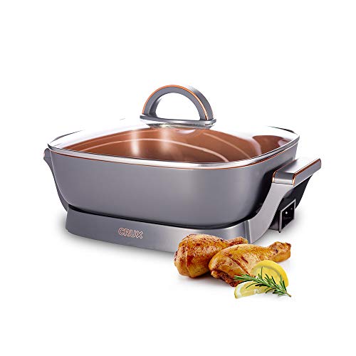 CRUX Electric Skillet with Glass Lid - Nonstick Scratch Resistant Ceramic Pan, Extra Deep with Removable Temperature Probe, 12' x 12', 1400 Watts