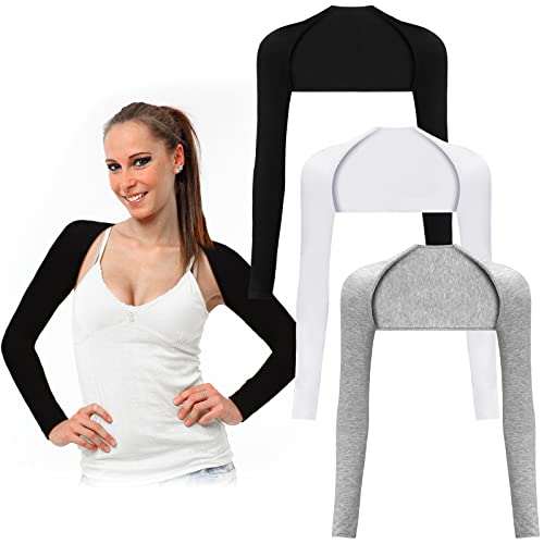 3 Pcs Women Bolero Shrugs Long Sleeve Cropped Cardigan Open Front Ballet Shrug Shoulder Shrug Arm Sleeves Hijab Accessories (Black, White, Light Gray)