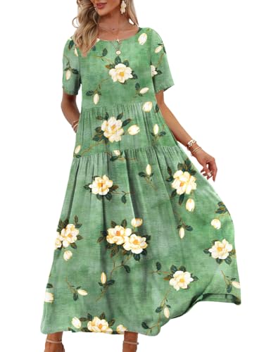 YESNO Women Casual Loose Bohemian Floral Dress with Pockets Short Sleeve Long Maxi Summer Beach Swing Dress 3XL EJF CR19