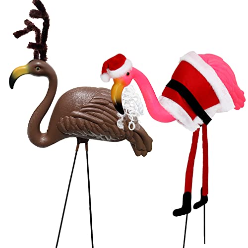 GIFTEXPRESS 2-Pack Large Christmas Flamingo Yard Ornaments, Christmas Yard Decoration Outdoor, Reindeer Flamingo and Santa Flamingo