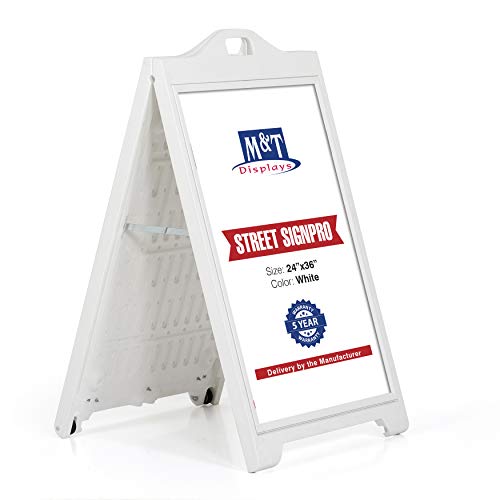 M&T Displays Street SignPro Poster, A-Frame Sidewalk Curb Sign, Folding Portable Double Sided Advertising sandwich boardDisplay (24x36 without lens, White)