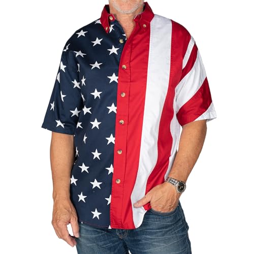 American Summer Men's Half Stars Half Stripes American Flag Patriotic Button Down Shirt for Men in X-Large