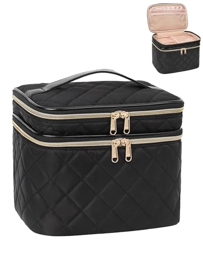 Travel Makeup Bag Organizer, Large Make Up Bag for Women, Double Layer Cosmetic Bag with Removable Dividers, Portable Makeup Case Storage, Black