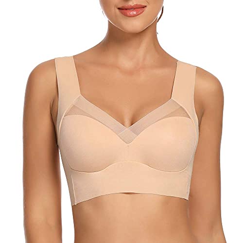 Seamless Mesh Lace Bras for Women Wirefree Comfortable Padded Lift Push Up Thin Soft Sexy Back Smoothing Bra Pullover Bras Breasts (168 Sleep Beige-N, L)