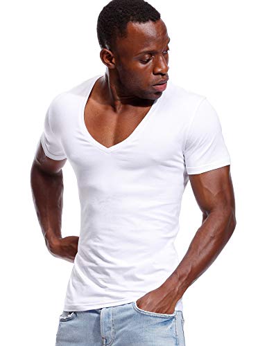 Deep V Neck T Shirt for Men Low Cut Vneck Tee Invisible Tshirt Vee Top White M
