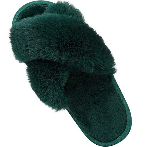 Comwarm Women's Cross Band Fuzzy Slippers Fluffy Open Toe House Slippers Cozy Plush Bedroom Shoes Indoor Outdoor, Green Size 8.5-9.5
