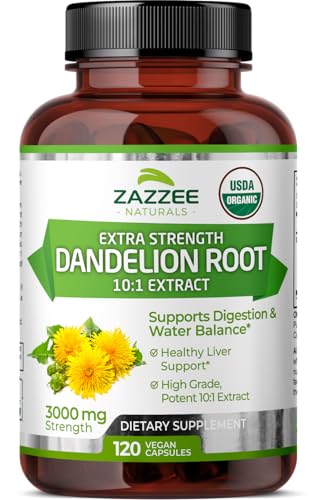 Zazzee USDA Organic Dandelion Root 10:1 Extract, 3000 mg Strength, 120 Capsules, 4 Month Supply, Standardized and Concentrated 10X Extract, 100% Vegetarian, All-Natural and Non-GMO