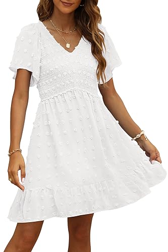 TECREW Womens Smocked Short Sleeve V Neck Mini Dress Summer Swiss Dot Flowy Short Dress, White, Small