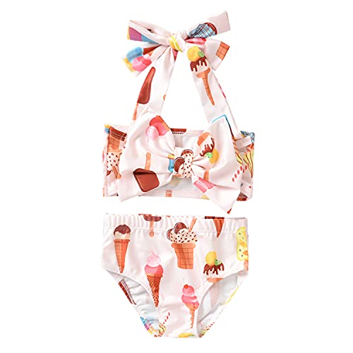 Aalizzwell Baby Girl Bathing Suit, Toddler Girls Two Piece Swimsuit Halter Top Bikini Bottoms Swimming Suit (Khaki - Ice Cream, 5-6Years)