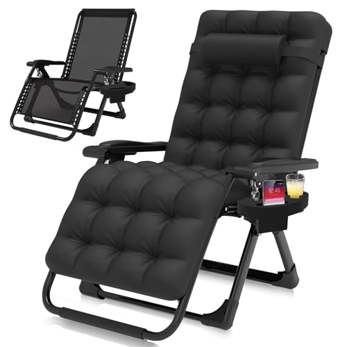 Suteck Zero Gravity Chair, Reclining Camping Lounge Chair w/Removable Cushion, Upgraded Lock and Cup Holder, Reclining Patio Chairs Folding Recliner for Indoor and Outdoor