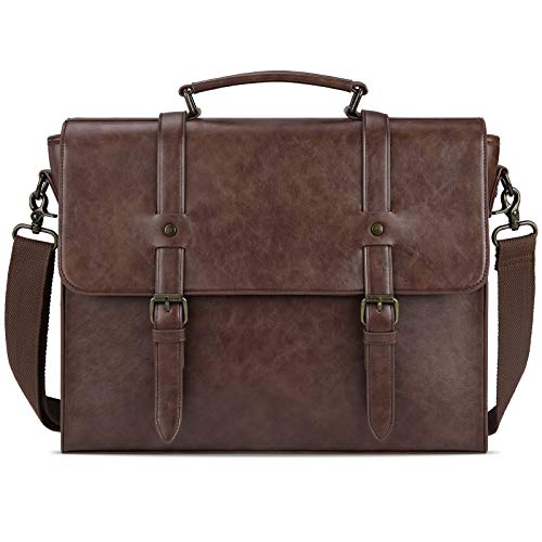 Leather Mens Messenger Bag Vintage 15.6 Inch Waterproof Leather Laptop Briefcase Large Satchel Shoulder Bag Retro Office College Computer Laptop Bag, Coffee