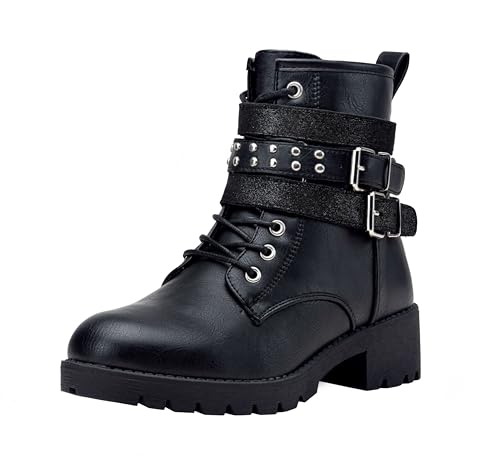 Vepose Womens' 919 Combat Lace up Ankle Boots, Motorcycle Booties, Black, Size 8 US -Moto Side Zipper(CJY919 Black 08)