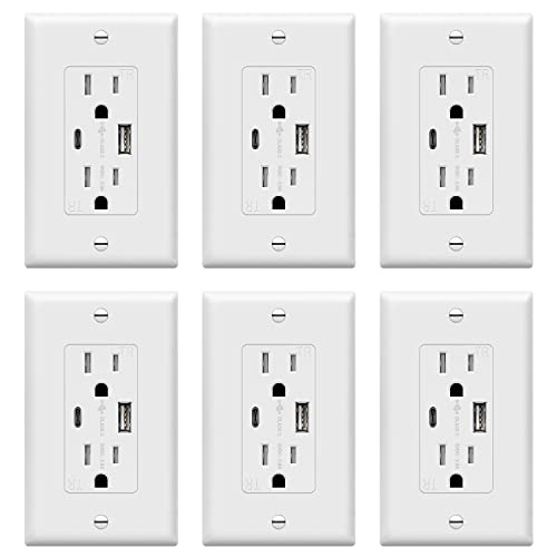 TOPGREENER USB Outlet, Type C Wall Charger 15 Amp TR Receptacle Plug, Charging Power Outlet with Ports, Electrical Socket, UL Listed, TU21536AC-W-6PCS, White, 6 Pack