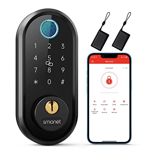 Smart Lock, SMONET Fingerprint Door Lock Smart Deadbolt Keyless Entry - Electronic Digital Keypad with Biometric Fingerprint, Smartphone App Auto Lock Bluetooth Keys Fobs Smartlock for Alexa, Home