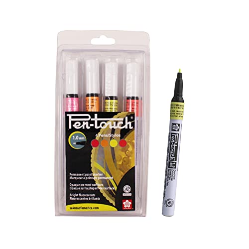 SAKURA Pen-Touch Paint Markers - Permanent Marker Pen - Assorted Fluorescent Colors - Medium Tip Size - 4 Pack