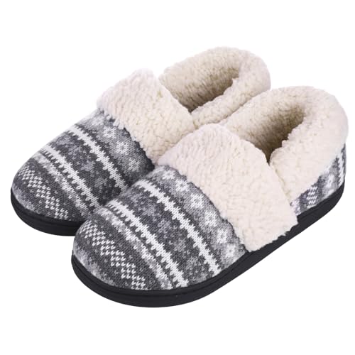 Evshine Women's Fuzzy Memory Foam Closed Back Slippers Knit Fleece Lined House Shoes for Indoor & Outdoor, Grey, 9.5-10.5